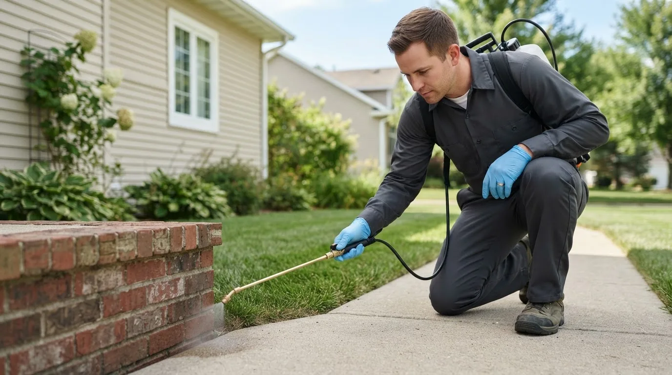 Pest control technician treating a home near Monmouth, OR